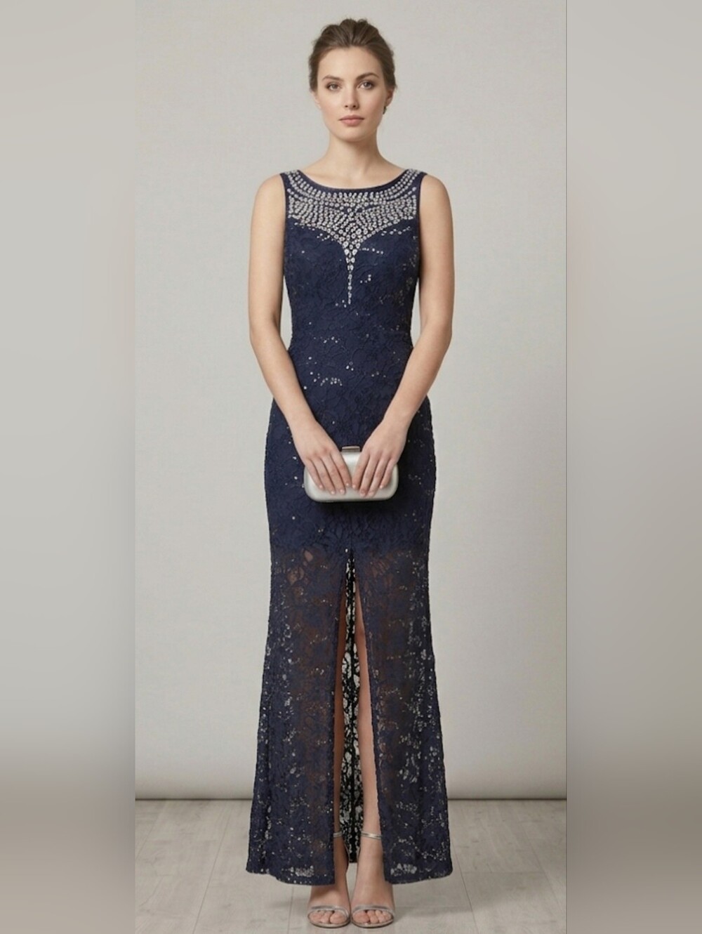 B. SMART Sleeveless Lace Diamante Beaded Sequined Gown / Sz 3-4 / Navy blue